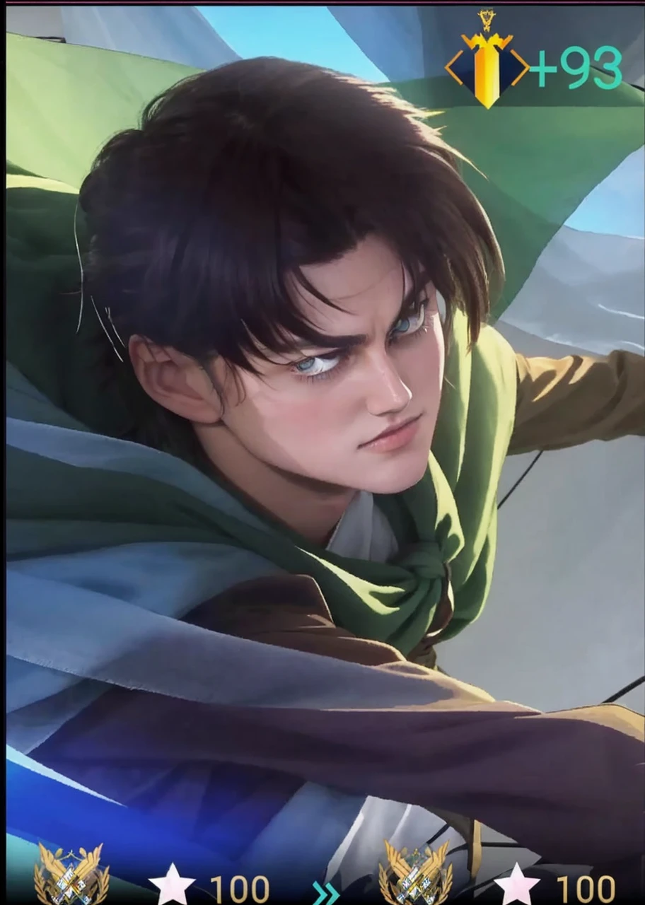 Eren Yeager has a German appearance, with a fairly long face, brown hair, round turquoise eyes. His skin appears slightly yellower than the other characters. Her short hair reached the nape of her neck and was parted in front of her forehead in a kind of curtain. The eyes are quite large and expressive.