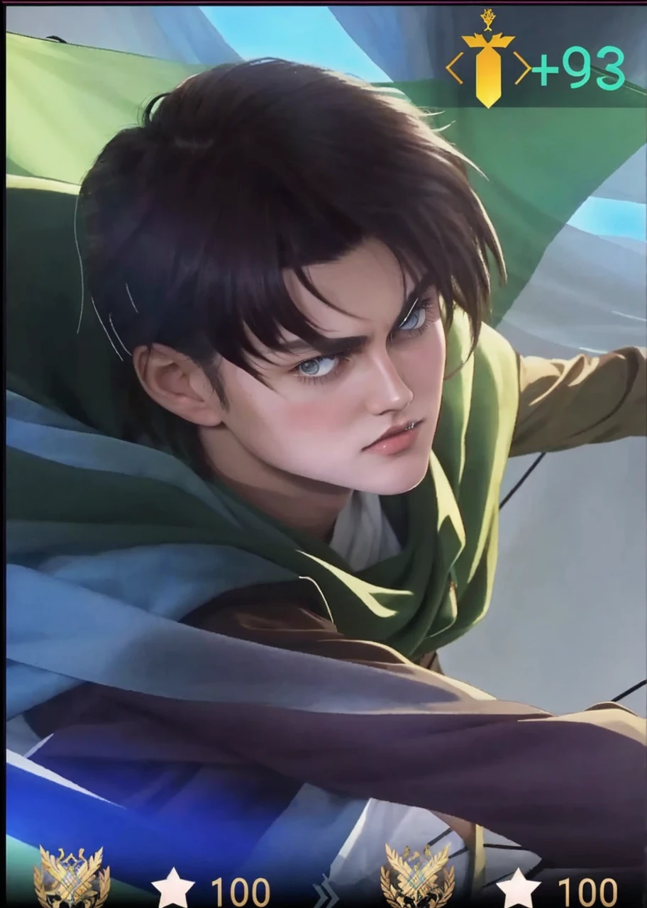 Eren Yeager has a German appearance, with a fairly long face, brown hair, round turquoise eyes. His skin appears slightly yellower than the other characters. Her short hair reached the nape of her neck and was parted in front of her forehead in a kind of curtain. The eyes are quite large and expressive.