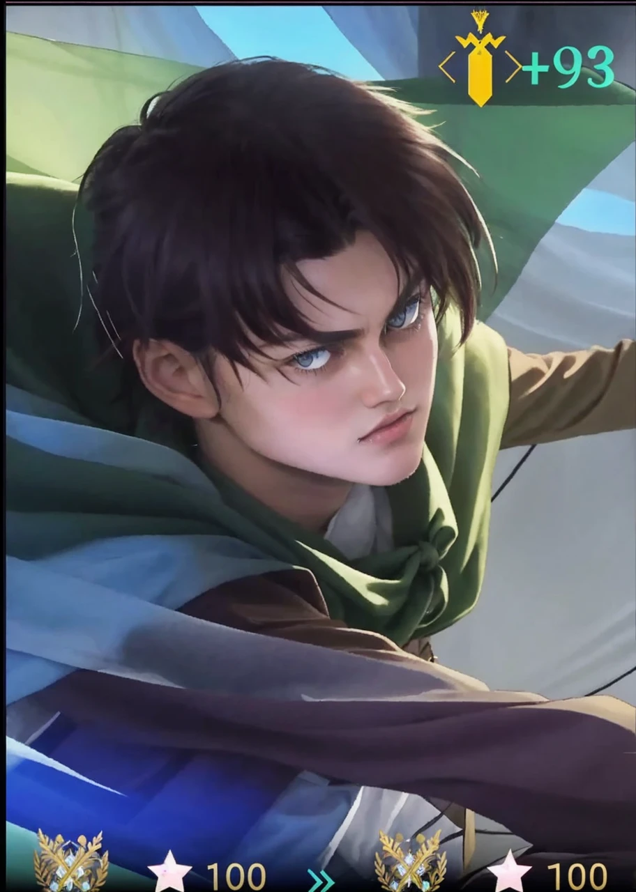 Eren Yeager has a German appearance, with a fairly long face, brown hair, round turquoise eyes. His skin appears slightly yellower than the other characters. Her short hair reached the nape of her neck and was parted in front of her forehead in a kind of curtain. The eyes are quite large and expressive.