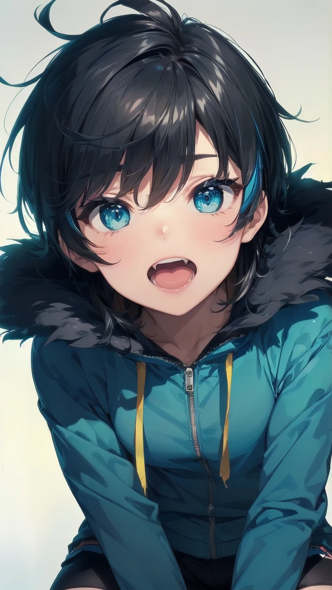 Close-up of a cartoon girl with blue hair and a yellow shirt, 2D Animation, 2D Animation style, 2D Art, 2D Art, 2D from Gorillaz, 2D from Gorillaz, 2D Gorillaz, Screaming Cerket, 2D Sprites, Jinx Face, short hair, Small breasts, hot pants, ((Black Hair, Bright blue fur inside:1.4))