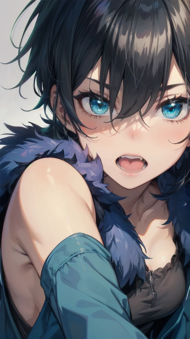 Close-up of a cartoon girl with blue hair and a yellow shirt, 2D Animation, 2D Animation style, 2D Art, 2D Art, 2D from Gorillaz, 2D from Gorillaz, 2D Gorillaz, Screaming Cerket, 2D Sprites, Jinx Face, short hair, Small breasts, hot pants, ((Black Hair, Bright blue fur inside:1.4))