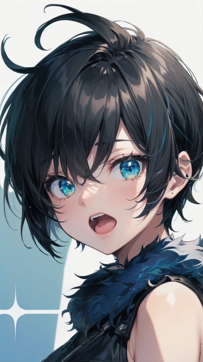 Close-up of a cartoon girl with blue hair and a yellow shirt, 2D Animation, 2D Animation style, 2D Art, 2D Art, 2D from Gorillaz, 2D from Gorillaz, 2D Gorillaz, Screaming Cerket, 2D Sprites, Jinx Face, short hair, Small breasts, hot pants, ((Black Hair, Bright blue fur inside:1.4))