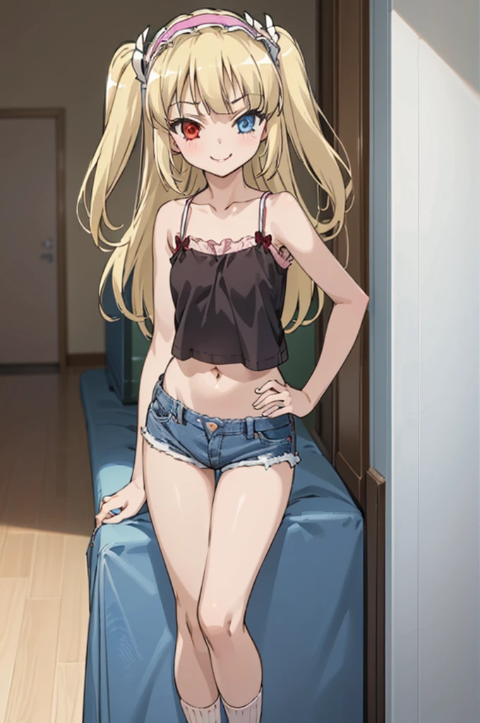 (((pixel-perfect, detail-perfect))), solo, 1girl, kobato hasegawa, heterochromia, red eyes,camisole,navel,denim shorts,socks,my room, hairband, looking at viewer, smirk, smile