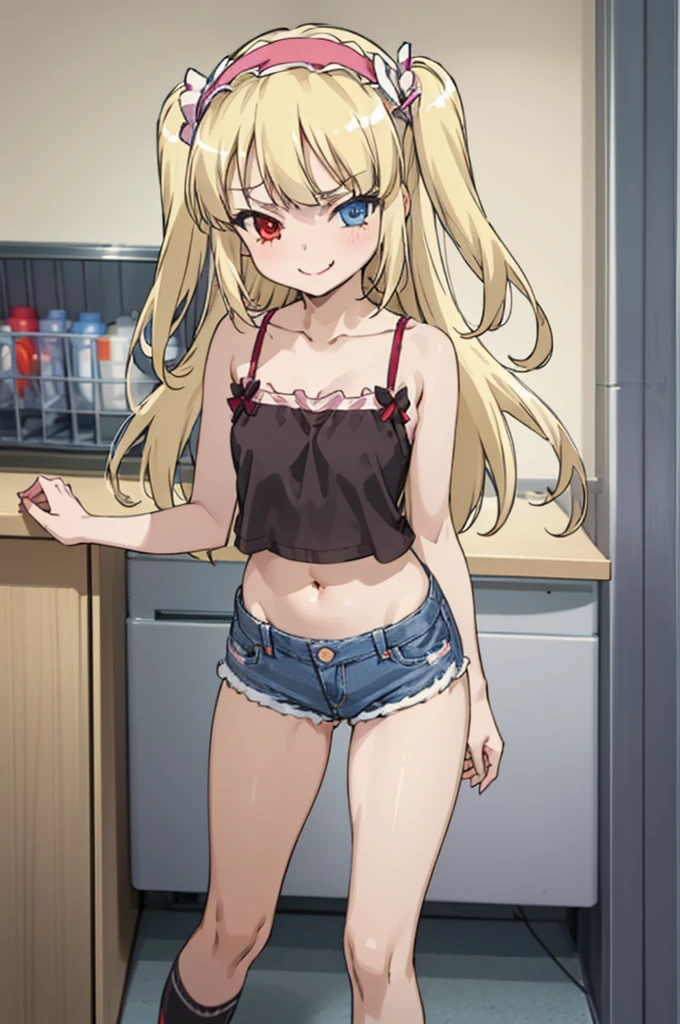 (((pixel-perfect, detail-perfect))), solo, 1girl, kobato hasegawa, heterochromia, red eyes,camisole,navel,denim shorts,socks,my room, hairband, looking at viewer, smirk, smile