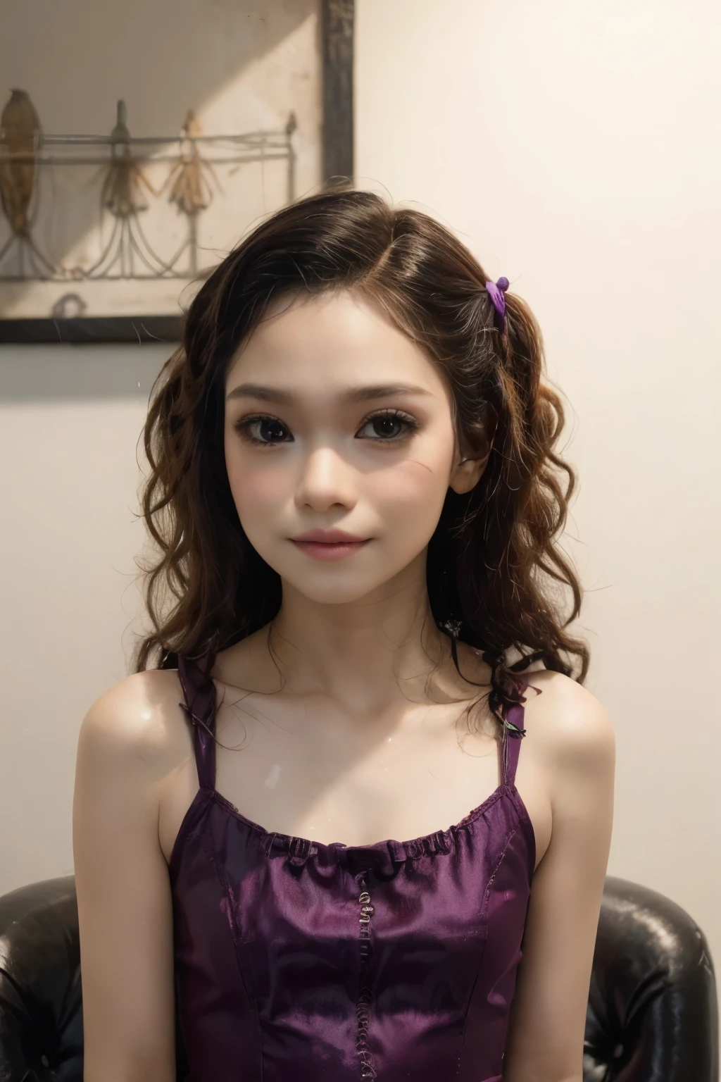 ((STRADDLING)), (Wearing Swimsuit), (((AFRO STYLE HAIR ))), masutepiece, High quality, UHD 32K, Realistic face, Realistic skin feeling , A Malay Lady, 8 years old, , Very cute and baby-like face, (((FLAT CHEST))), (MATRIX WORLD), ((look In front at the camera and SADNESS)), ((())), (((CUTE GIRL))), ((BLACK LIPS)), ((WHITE PURPLE)), ((CHUBBY)), (undress).