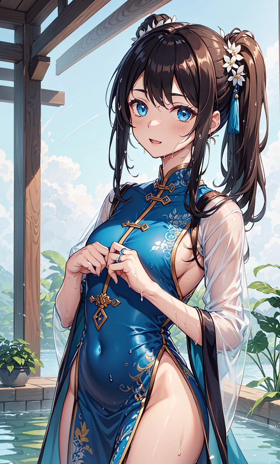 Top quality，Optimal resolution，(Wet Princess Dress），Very detailed, She has a pair of white ponytails，Young women，charm，Design intricate clothes，blue eyes，Huangui Yunguangtian，Elegant and charming，((Wet people，it&#39;s foggy，water))，Leg ring，Anklets，night，Small Lighting，charm的姿势，elaborately designed clothes，Beautifully decorated，出water芙蓉，Garter