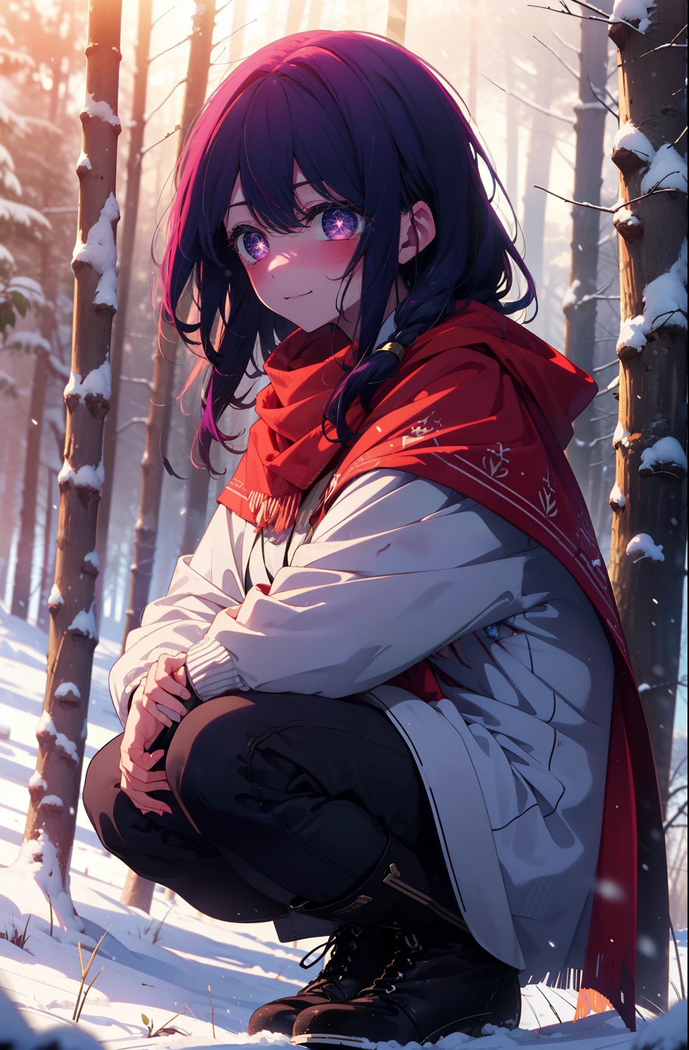 aihoshino, Ai Hoshino, Long Hair, bangs, (Purple eyes:1.1), Purple Hair, (Symbol-shaped pupil:1.5), smile,,smile,blush,White Breath,
Open your mouth,snow,Ground bonfire, Outdoor, boots, snowing, From the side, wood, suitcase, Cape, Blurred, , forest, White handbag, nature,  Squat, Mouth closed, Cape, winter, Written boundary depth, Black shoes, red Cape break looking at viewer, Upper Body, whole body, break Outdoor, forest, nature, break (masterpiece:1.2), Highest quality, High resolution, unity 8k wallpaper, (shape:0.8), (Beautiful and beautiful eyes:1.6), Highly detailed face, Perfect lighting, Extremely detailed CG, (Perfect hands, Perfect Anatomy),