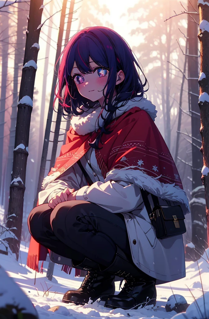 aihoshino, Ai Hoshino, Long Hair, bangs, (Purple eyes:1.1), Purple Hair, (Symbol-shaped pupil:1.5), smile,,smile,blush,White Breath,
Open your mouth,snow,Ground bonfire, Outdoor, boots, snowing, From the side, wood, suitcase, Cape, Blurred, , forest, White handbag, nature, Squat, Mouth closed, Cape, winter, Written boundary depth, Black shoes, red Cape break looking at viewer, Upper Body, whole body, break Outdoor, forest, nature, break (masterpiece:1.2), Highest quality, High resolution, unity 8k wallpaper, (shape:0.8), (Beautiful and beautiful eyes:1.6), Highly detailed face, Perfect lighting, Extremely detailed CG, (Perfect hands, Perfect Anatomy),