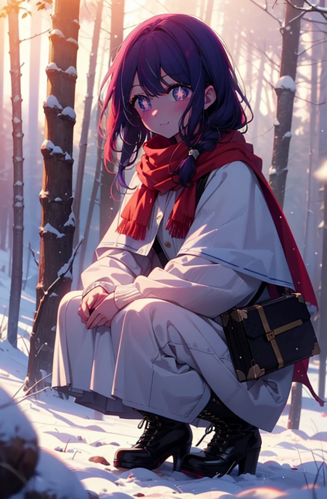 aihoshino, Ai Hoshino, Long Hair, bangs, (Purple eyes:1.1), Purple Hair, (Symbol-shaped pupil:1.5), smile,,smile,blush,White Breath,
Open your mouth,snow,Ground bonfire, Outdoor, boots, snowing, From the side, wood, suitcase, Cape, Blurred, , forest, White handbag, nature, Squat, Mouth closed, Cape, winter, Written boundary depth, Black shoes, red Cape break looking at viewer, Upper Body, whole body, break Outdoor, forest, nature, break (masterpiece:1.2), Highest quality, High resolution, unity 8k wallpaper, (shape:0.8), (Beautiful and beautiful eyes:1.6), Highly detailed face, Perfect lighting, Extremely detailed CG, (Perfect hands, Perfect Anatomy),