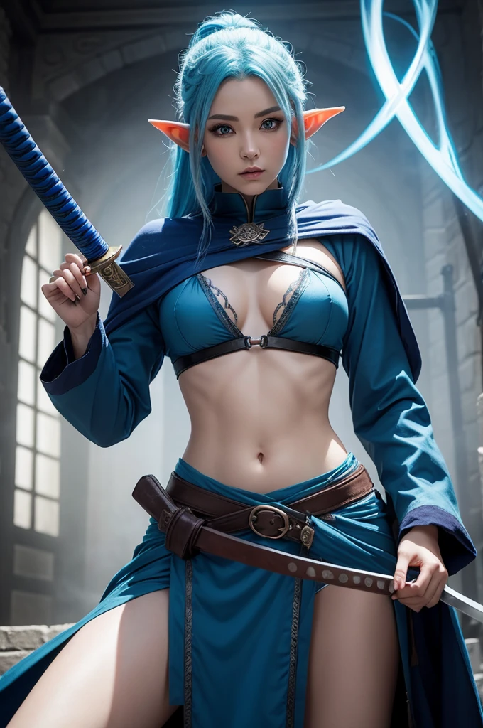 Female elf with blue hair and she is a mage with katana 