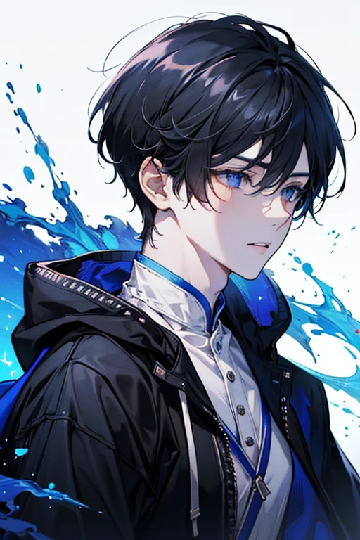 ((best quality)), ((masterpiece)), (detailed), 1boy, Official fine art,Korean man,Glowing white particles,(sidelighting:1.2),highres,white background,perfect face,black hoodie,blue eyes,blue hair, late,The upper part of the body, 2D,casual ,simple eyes