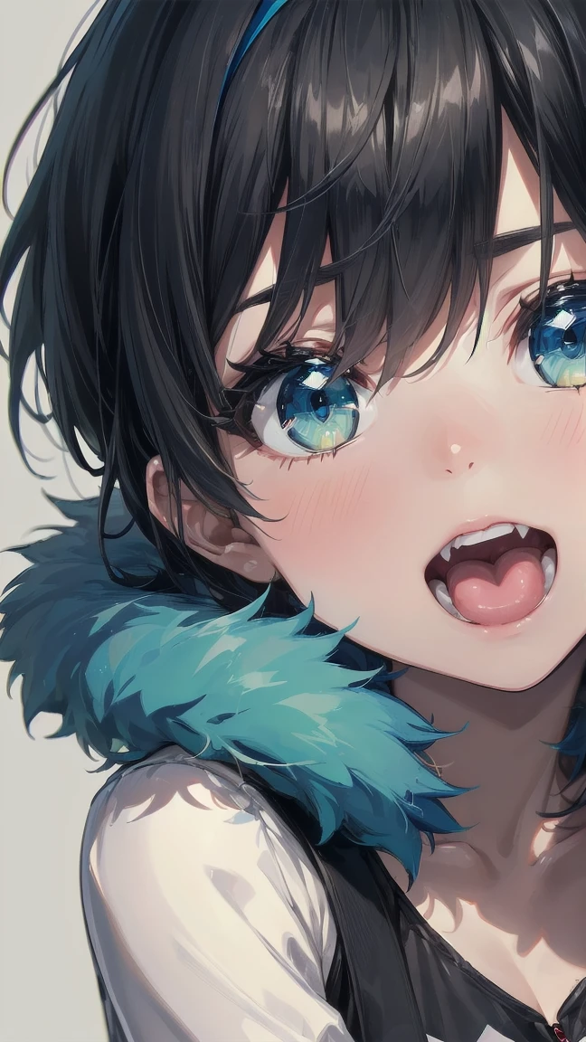 Close-up of a cartoon girl with blue hair and a yellow shirt, 2D Animation, 2D Animation style, 2D Art, 2D Art, 2D from Gorillaz, 2D from Gorillaz, 2D Gorillaz, Screaming Cerket, 2D Sprites, Jinx Face, short hair, Small breasts, hot pants, ((Black Hair, Bright blue fur inside:1.4))
