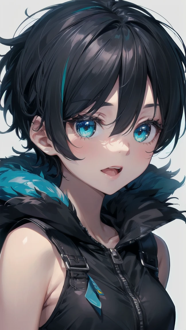 Close-up of a cartoon girl with blue hair and a yellow shirt, 2D Animation, 2D Animation style, 2D Art, 2D Art, 2D from Gorillaz, 2D from Gorillaz, 2D Gorillaz, Screaming Cerket, 2D Sprites, Jinx Face, short hair, Small breasts, hot pants, ((Black Hair, Bright blue fur inside:1.4))