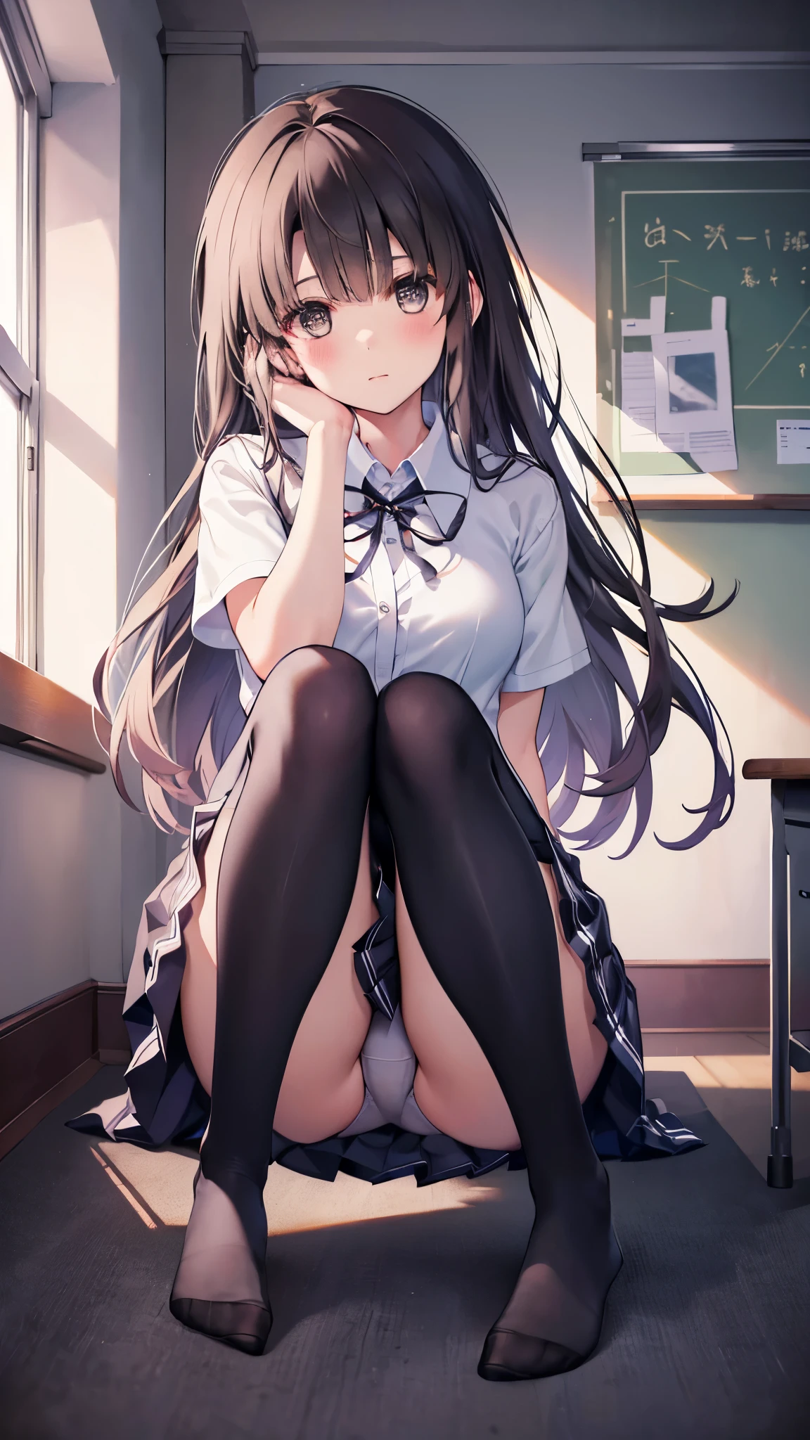 (8K、Best image quality、Highest quality、masterpiece)、One tall girl、((Full body))、Sit on the floor with your legs spread apart、White panties are visible、Long Hair、Wavy Hair、blush、Moderate bust、White collared shirt、Short sleeve、((Plaid pleated mini skirt))、Classroom Background、((black tights))、Black Pantyhose、((No shoes))