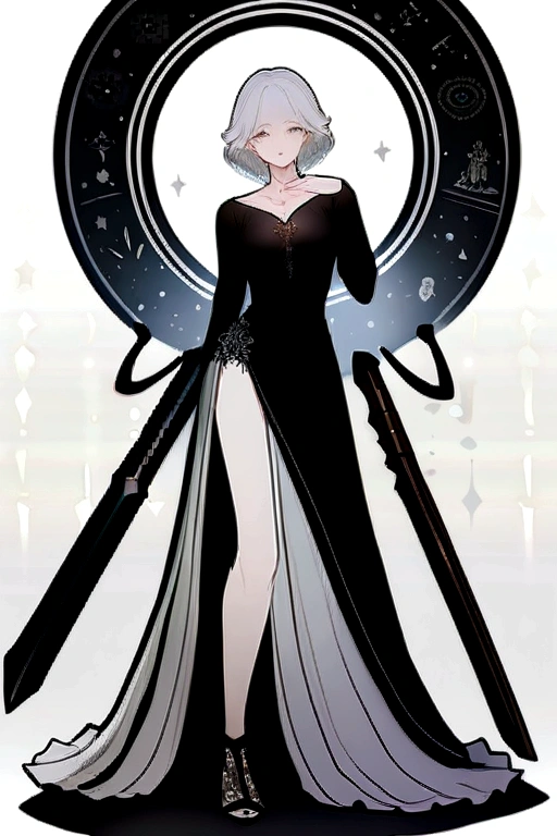  ((best quality)), ((Masterpiece)), (details), 1 girl, character design, academicly  female, academic, female academic, educator, teacher, fortune teller, palm reader, astrology, สัญลักษณ์ทางastrology, Reading the stars, sky theme, heaven, heaven above, constellations, dynamic poses, long white gray hair, gray white eyes, scrawny, details, best quality, noมีอุปกรณ์เสริมรอบคอ, noมีรองเท้า, prominent collarbone, skinny arms, Flat stomach, visible hip bones, full body, blank white background, plain background, white background, red and white clothes, blood inspiration, mysterious aesthetic, mysterious, details and intricate steampunk and details gothic, no, Fluttering lace flared long Knee-length dress with frilly petticoats, Knee-length dress, pleated petticoat, gothic skirt, Sophisticated lace boots, gothic beauty, Wield a powerful sword with mechanical components., Mandala, small breasts, angel, Various types of insect wings, beetle wings, no, full body, whole body, body, chain, 