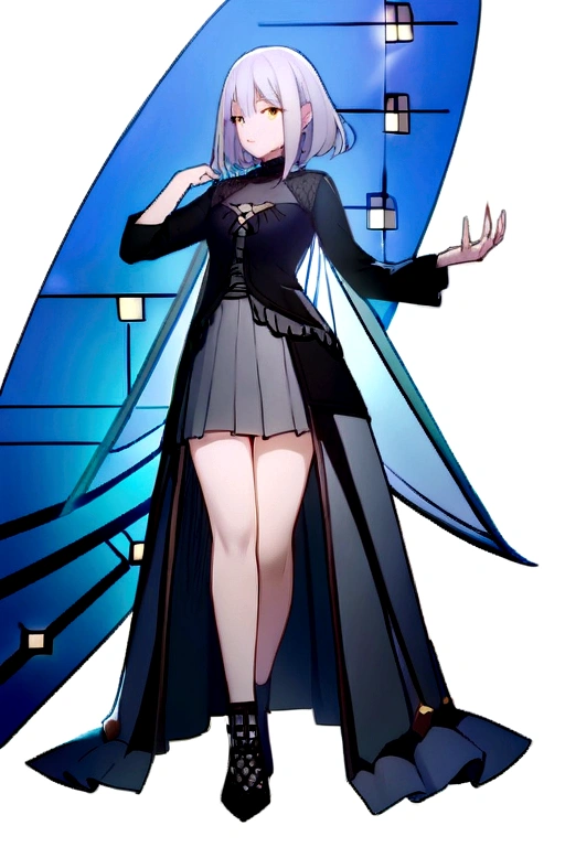 ((best quality)), ((Masterpiece)), (details), 1 girl, character design, academicly female, academic, female academic, educator, teacher, fortune teller, palm reader, astrology, สัญลักษณ์ทางastrology, Reading the stars, sky theme, heaven, heaven above, constellations, dynamic poses, long white gray hair, gray white eyes, scrawny, details, best quality, noมีอุปกรณ์เสริมรอบคอ, noมีรองเท้า, prominent collarbone, skinny arms, Flat stomach, visible hip bones, full body, blank white background, plain background, white background, red and white clothes, blood inspiration, mysterious aesthetic, mysterious, details and intricate steampunk and details gothic, no, Fluttering lace flared long Knee-length dress with frilly petticoats, Knee-length dress, pleated petticoat, gothic skirt, Sophisticated lace boots, gothic beauty, Wield a powerful sword with mechanical components., Mandala, small breasts, angel, Various types of insect wings, beetle wings, no, full body, whole body, body, chain,