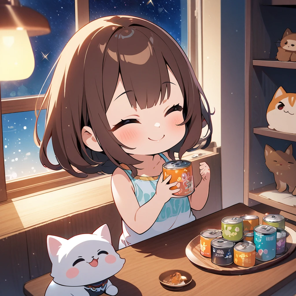 masterpiece、Highest quality、Depth of subject、２D illustration、1 beautiful girl、独奏, (((chibi style)))、((night)), ((window)), ((starry sky)), Long, beautiful hair、shiny brown hair、cute、Beautifully detailed eyes、((Tank top))、a cute sleeping kitten on chair, ((colorful))、mini skirt、((happy smile))、((Canned Chuhai)), ((close up shot))、((eating dinner)), ((in the room))、((There&#39;s a lot of pink around))、Thighs、((vivid color))、sparkle、((Lens flare))、