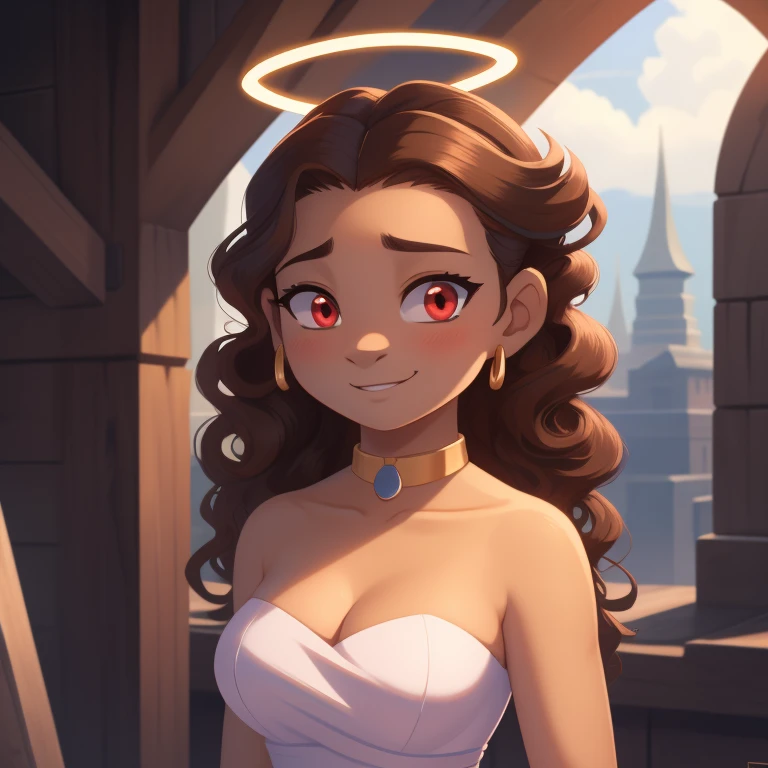 Katara, strapless tight dress, cleavage, two-tone hair (brown hair, black tip)), curly hair, halo, sunglasses, jewelry, red eyes, longeyelashes, red eyes, smile, shy, blush, high detail, masterpiece, UHD, anatomically correct, super detail, highres, 4K