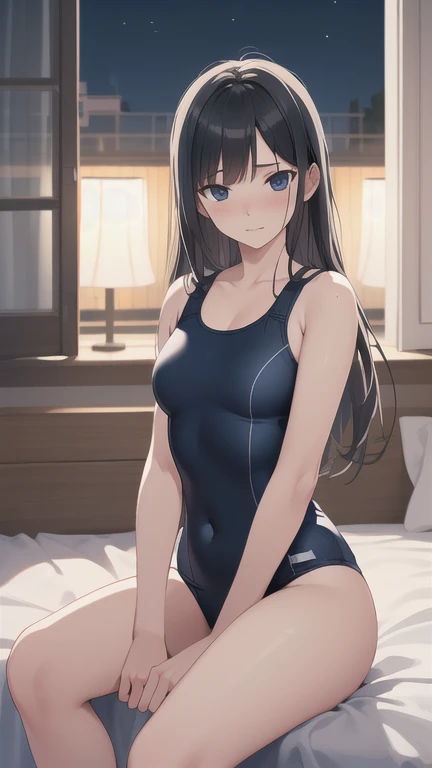 masterpiece,Highest quality,High resolution,Very detailed,Ray Tracing,Natural pose,(Black Hair:1.1),(Long Hair:1.1),(black eye:1.1),Male and female duo,Navy one piece swimsuit,Bedroom at night,(Upper body naked1:1.2),(Embarrassing 1:1.2),(Sit 1:1.2),bed