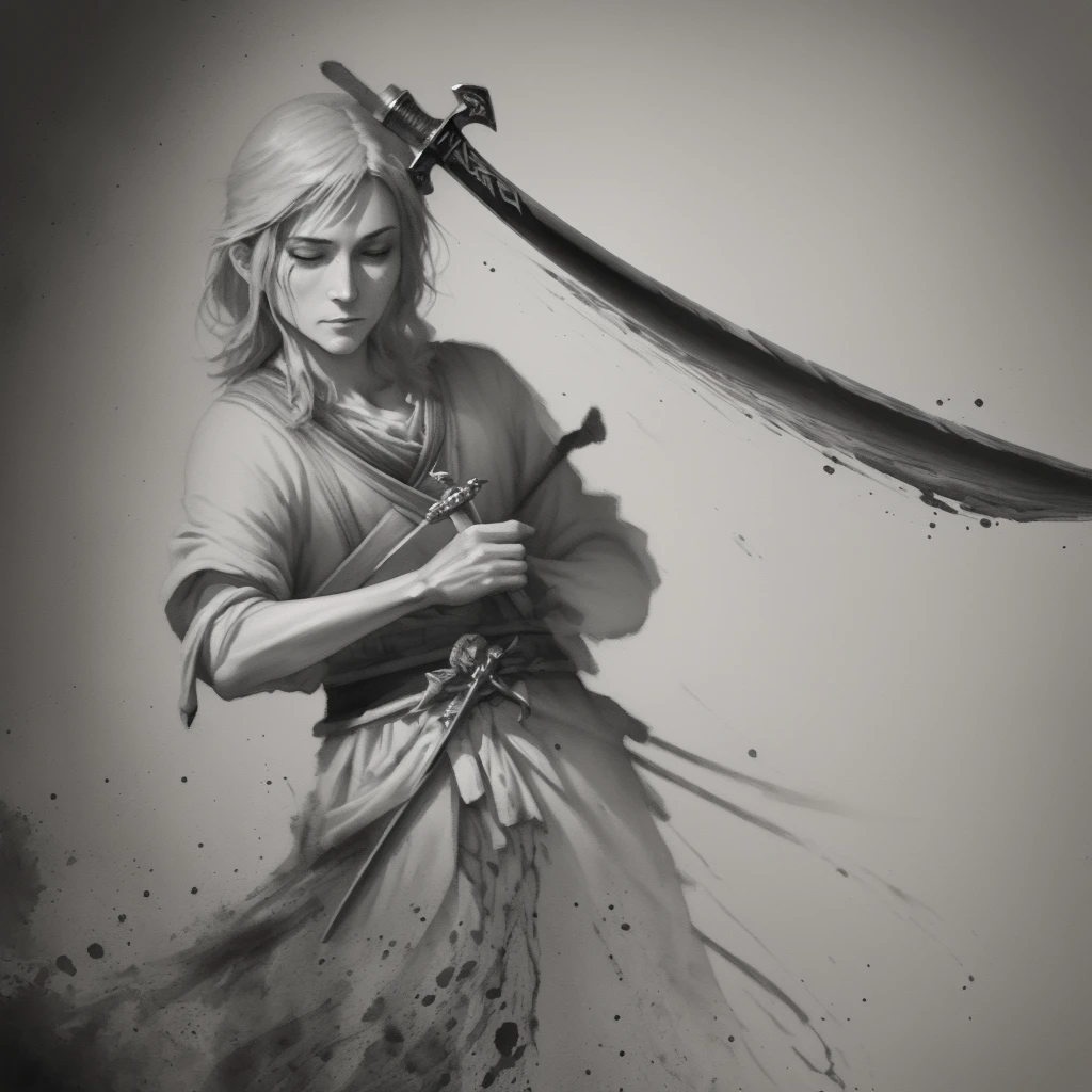 ink wash, flowing brushstrokes, subtle gradients, a sword-pulling general