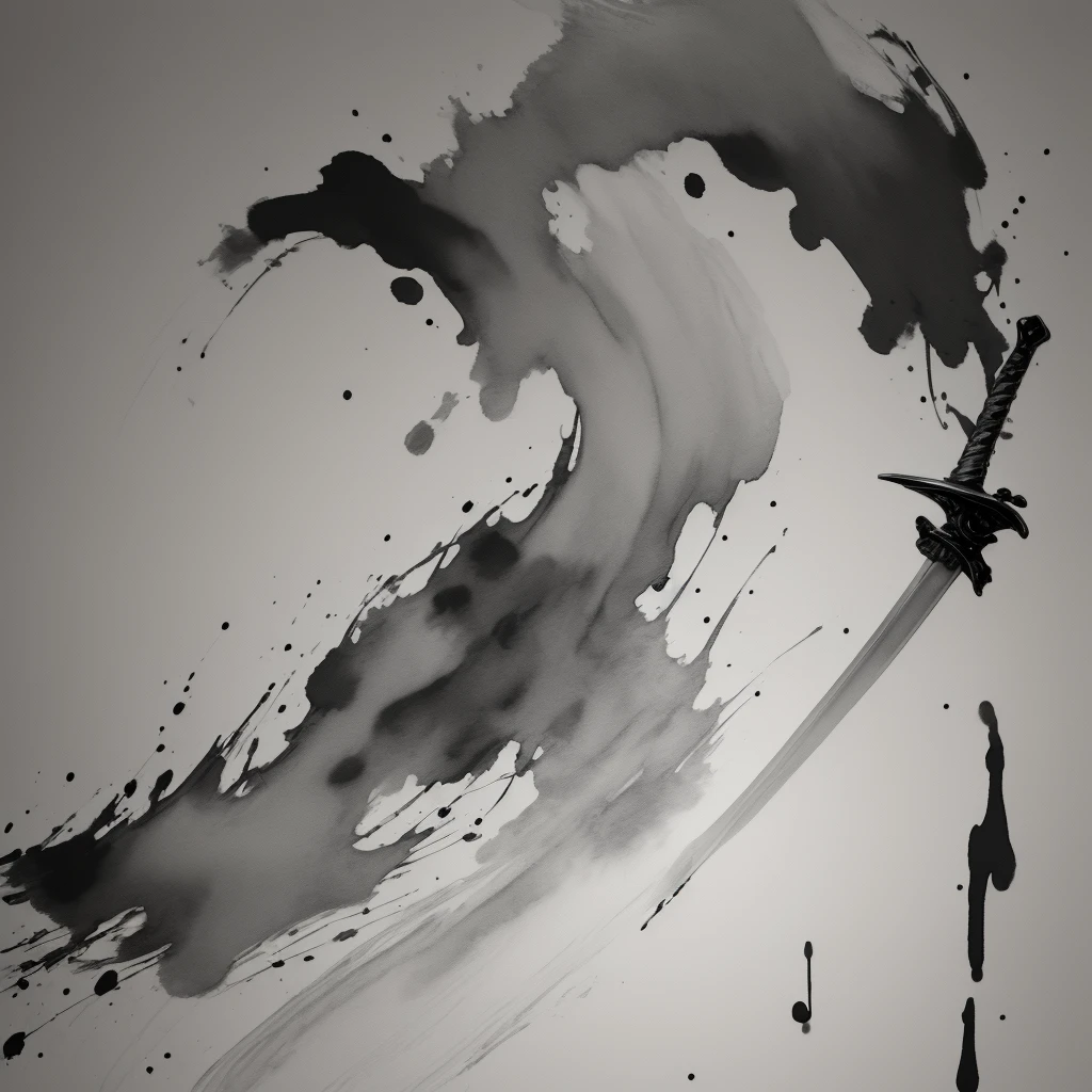 ink wash, flowing brushstrokes, subtle gradients, a sword-pulling general