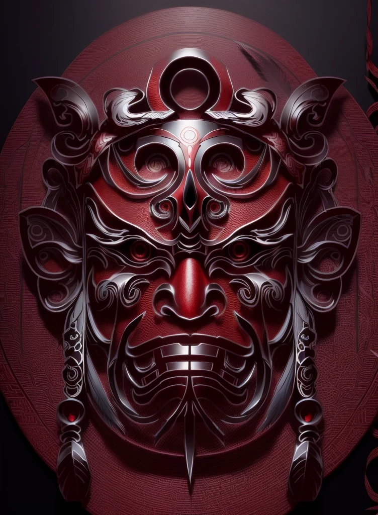An image of a mask with feathers, Detail of face with mask, Connection Mask, Detailed Mask, Ashura，From Chinese mythology, Line Art, Line Art, Oriental Face, detailed Line Art, Line Art illustration, demon Samurai Mask, Gorgeous mask, intricate mask, vector Line Art, Detailed line work, They cover up, Samurai Mask, intense Line Art