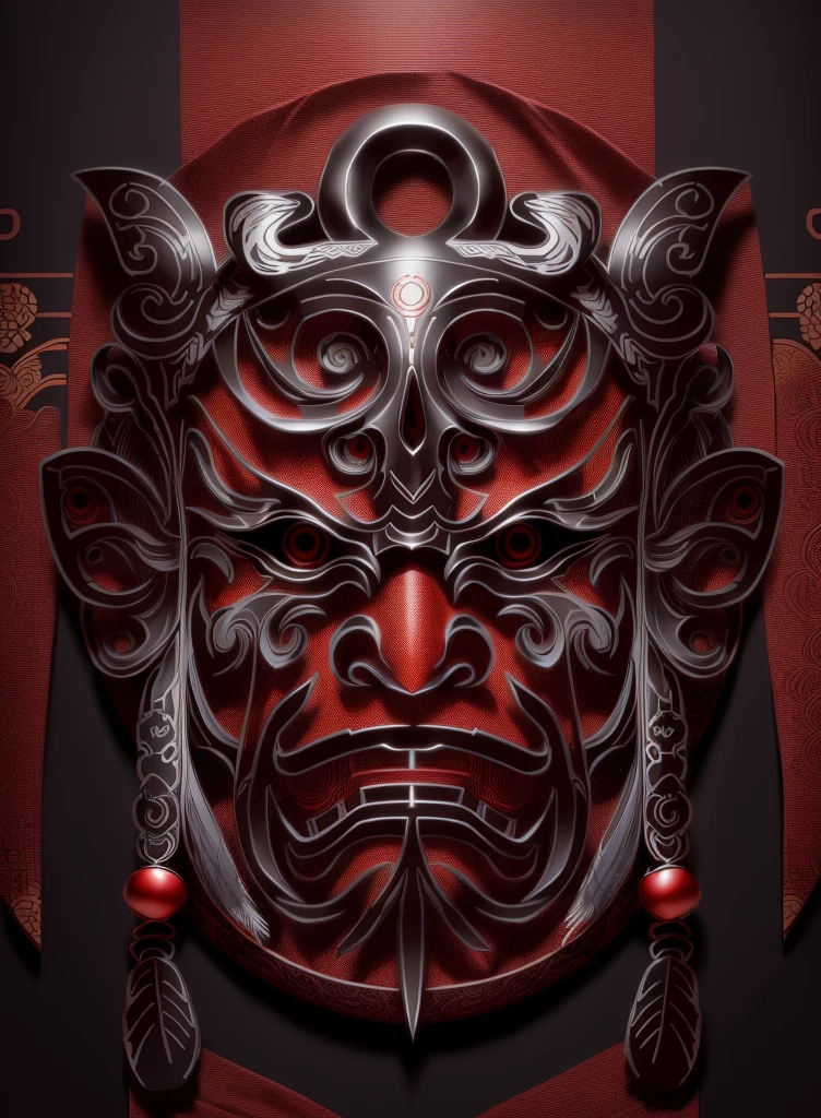 An image of a mask with feathers, Detail of face with mask, Connection Mask, Detailed Mask, Ashura，From Chinese mythology, Line Art, Line Art, Oriental Face, detailed Line Art, Line Art illustration, demon Samurai Mask, Gorgeous mask, intricate mask, vector Line Art, Detailed line work, They cover up, Samurai Mask, intense Line Art