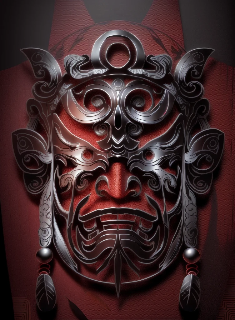 An image of a mask with feathers, Detail of face with mask, Connection Mask, Detailed Mask, Ashura，From Chinese mythology, Line Art, Line Art, Oriental Face, detailed Line Art, Line Art illustration, demon Samurai Mask, Gorgeous mask, intricate mask, vector Line Art, Detailed line work, They cover up, Samurai Mask, intense Line Art
