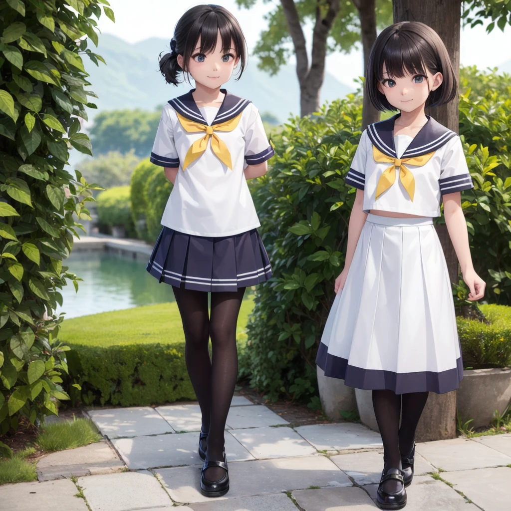 1People Girls, clear, cute, (View your viewers:1.0), detaileds sky, ((masterpiece:1.4, Highest quality)), multiple detaileds, eye shadow, SFW, (Medium Shot:1.5), Gradient eyes,
roller:addition_detailed:0.8>, (Black Pantyhose:1.2), Straight,
1People Girls, Have, Sailor, Branch Eyes, short hair, Black Hair, Sailor collar, White shirt, Semi-transparent knee-length skirt,Long skirt below knee length, Murasa Minamitsu, hishaku、smile