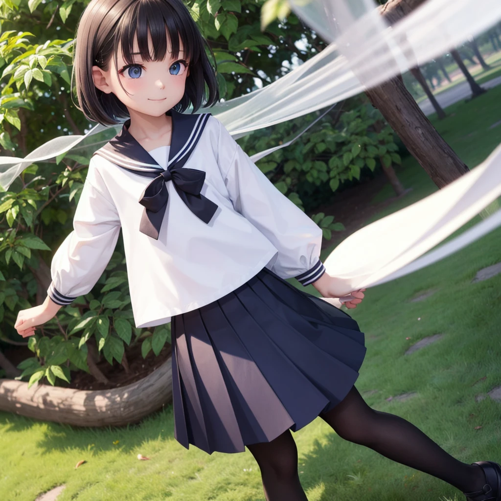 1People Girls, clear, cute, (View your viewers:1.0), detaileds sky, ((masterpiece:1.4, Highest quality)), multiple detaileds, eye shadow, SFW, (Medium Shot:1.5), Gradient eyes,
roller:addition_detailed:0.8>, (Black Pantyhose:1.2), Straight,
1People Girls, Have, Sailor, Branch Eyes, short hair, Black Hair, Sailor collar, White shirt, Semi-transparent knee-length skirt,Long skirt below knee length, Murasa Minamitsu, hishaku、smile