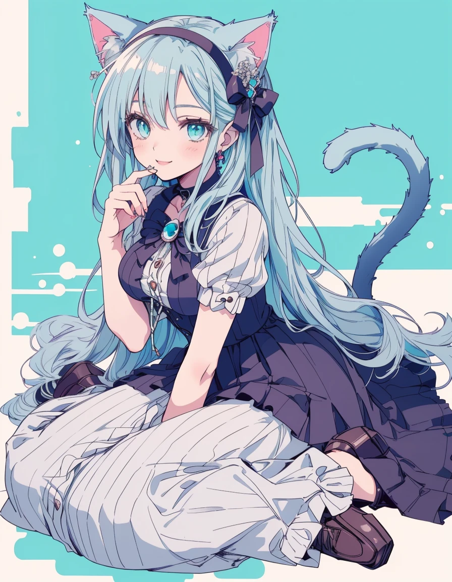 smile, wariza, casual, fullbody, ((masterpiece, best quality:1.5)), ((Beautiful detailed cat aqua eyes:1.2)), cat ears, pale skin, large breasts, beautiful hands, beautiful fingers, EasyNegative