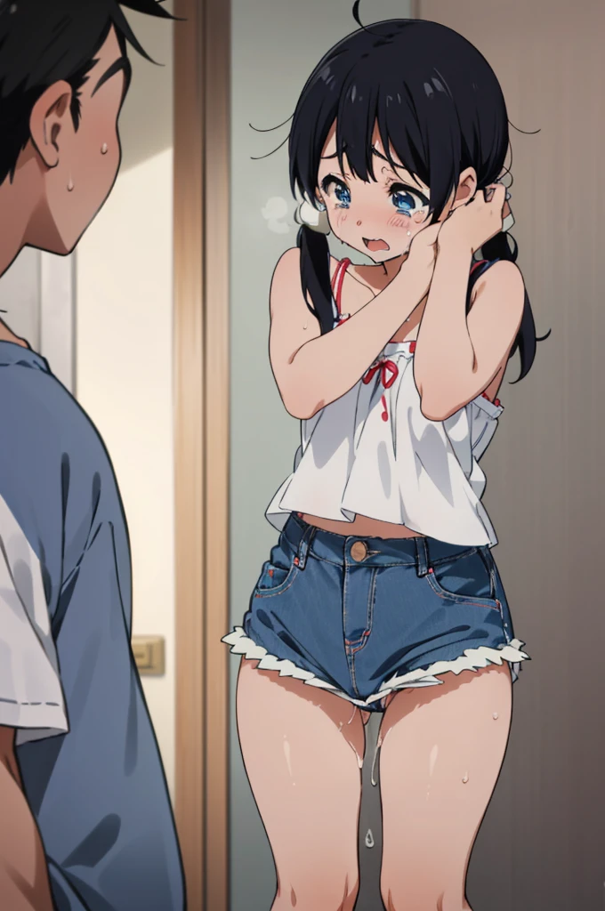  solo, 1girl, tamako kitashirakawa, , looking at viewer, open mouth,((deep breathing,surprised,crying)),,,my room,socks,camisole,denim shorts,(Sweating,ahegao),(((Sex with boys,trembling))),looking viewer,((panties)),standing,(((ass)))