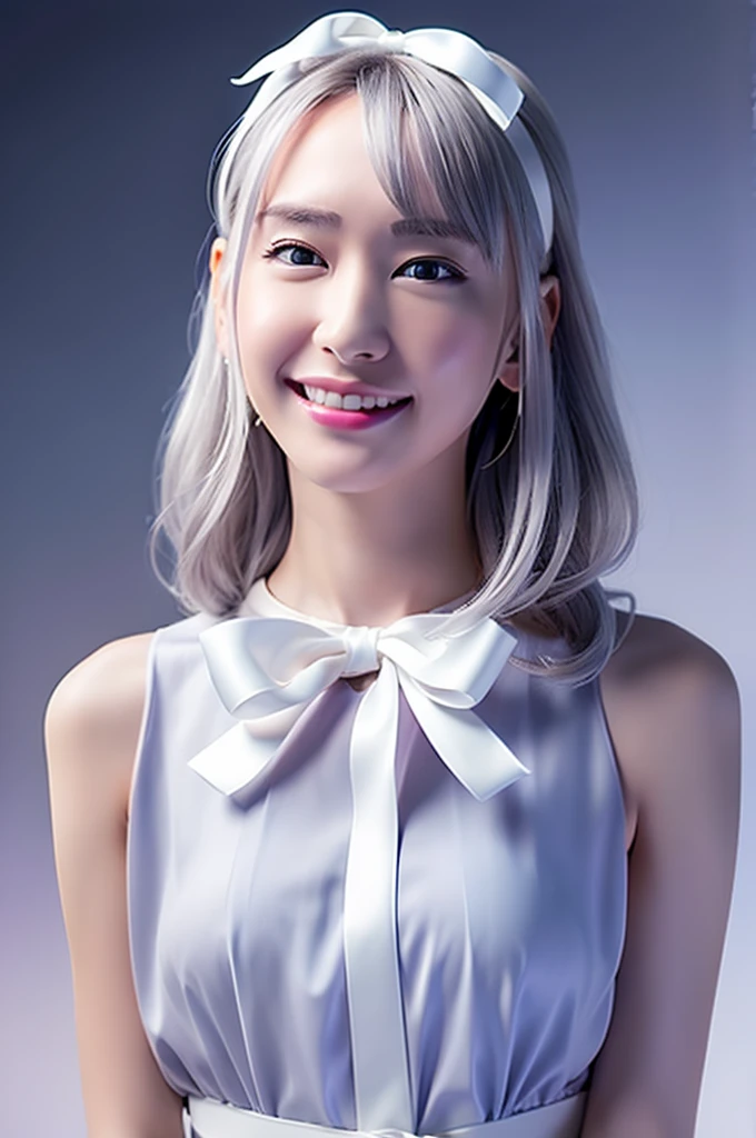 One girl ,(RAW Photos:1.2), ((Realistic:1.4),(masterpiece:1.3),(Highest quality:1.4),超High resolution,(Detailed facial features),(Detailed clothing features),High resolution,8K resolution, Focus Only, bangs, Fits perfectly to the skin, (Shiny skin),(Slender girl),dream-like, (Highly detailed illustration),Check the explanation,Clarification Request,scenery,No text, White cat ears, White cat tail, Gray Hair, Long Hair,bundle, Medium chest, dress, Ribbon Color, smile,(Gradient Background:1.2 )
