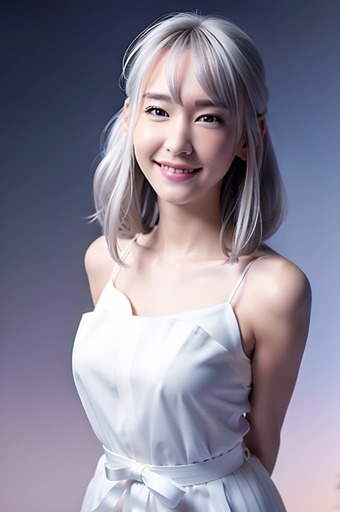 One girl ,(RAW Photos:1.2), ((Realistic:1.4),(masterpiece:1.3),(Highest quality:1.4),超High resolution,(Detailed facial features),(Detailed clothing features),High resolution,8K resolution, Focus Only, bangs, Fits perfectly to the skin, (Shiny skin),(Slender girl),dream-like, (Highly detailed illustration),Check the explanation,Clarification Request,scenery,No text, White cat ears, White cat tail, Gray Hair, Long Hair,bundle, Medium chest, dress, Ribbon Color, smile,(Gradient Background:1.2 )