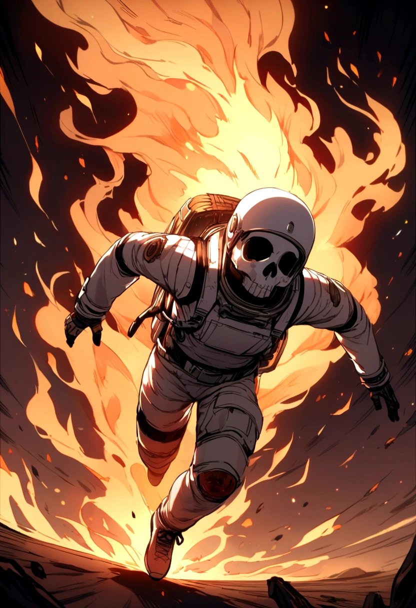 Skull-headed astronaut running over fire