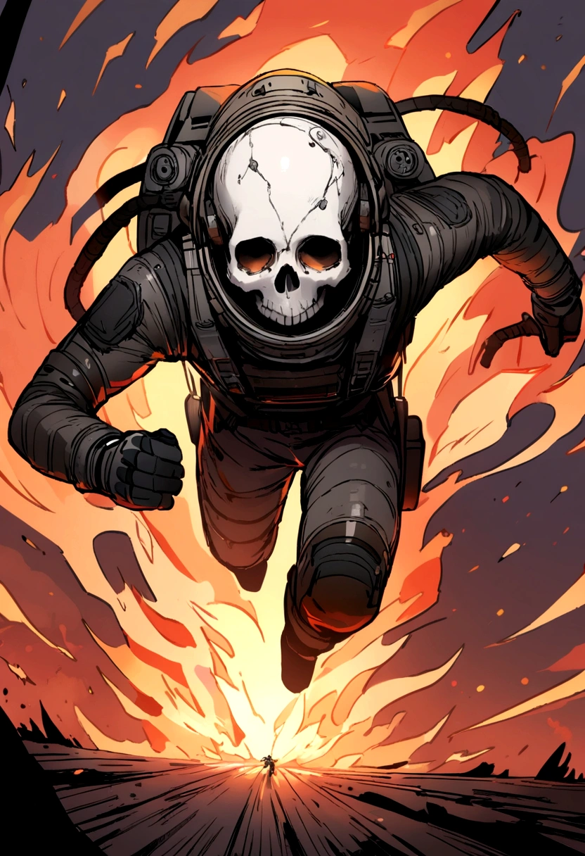 Skull-headed astronaut running over fire