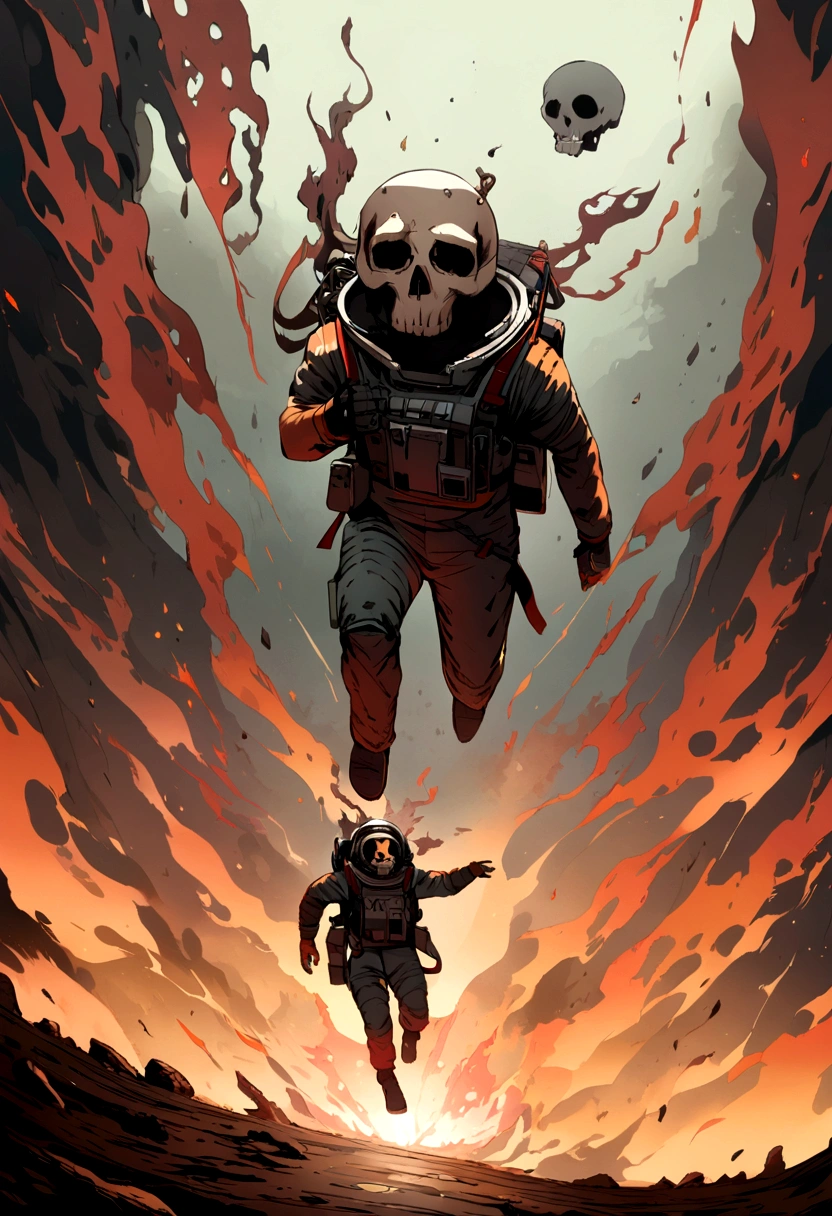 Skull-headed astronaut running over fire