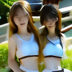(masterpiece, best quality:1.4), (8K), Young blonde beauty, (((2 short girls in love, 18 years old, neat girl))), detailed blue eyes, long eyelashes, blush, kind smile, horny, upper body, short top, small ass, slender thin legs, vagina, pink skirt, ((looking at viewer)), beautiful blonde hair, white-skinned, (bangs:1.3), pigtails, groping, ((open legs)), (medium size breasts), (mushroom forest, celestial forest, beautiful and magnificent pink sunshine, majestic sky), natural light, pastel colors)