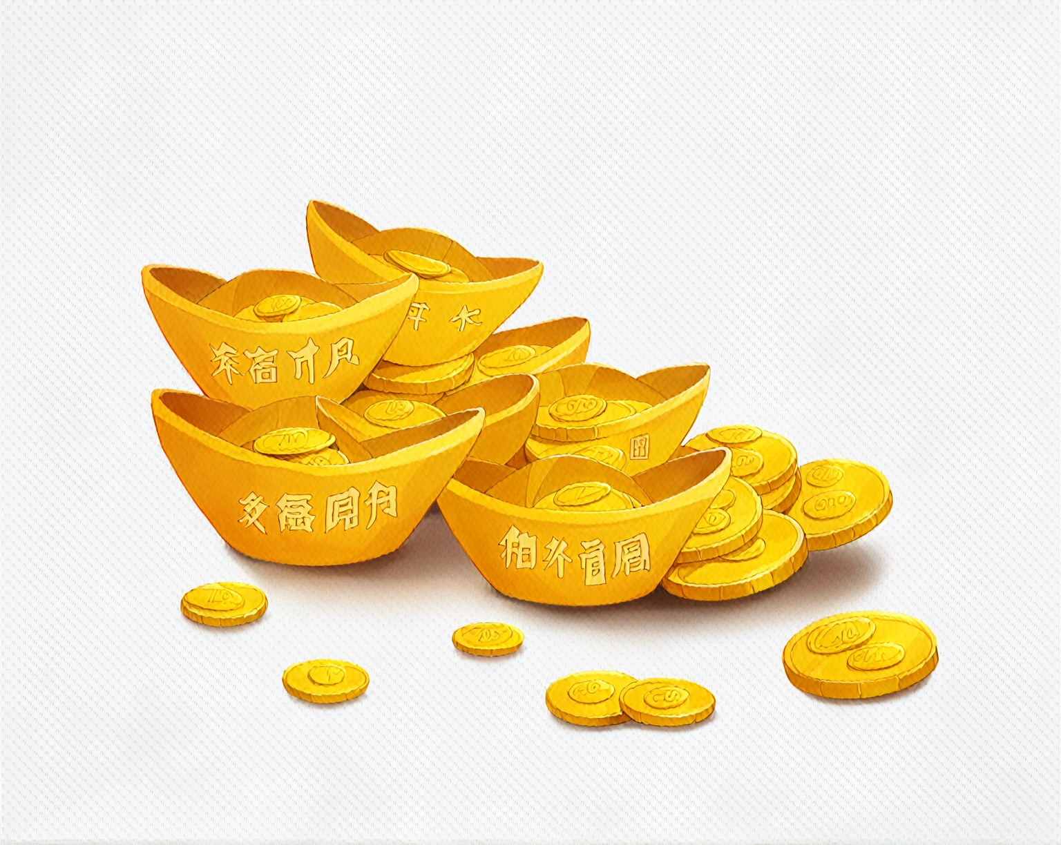 a close up of a pile of 金元宝 coins with a white background, with many Kaneko coins, piles of Kaneko coins, scattered Kaneko coins, Kaneko coins, flat, sitting on a pile of Kaneko coins, Kaneko, Kanekoen chinese text, There are coins piled up around, Kaneko decorations, 7 7 7 7, 2134, 2447