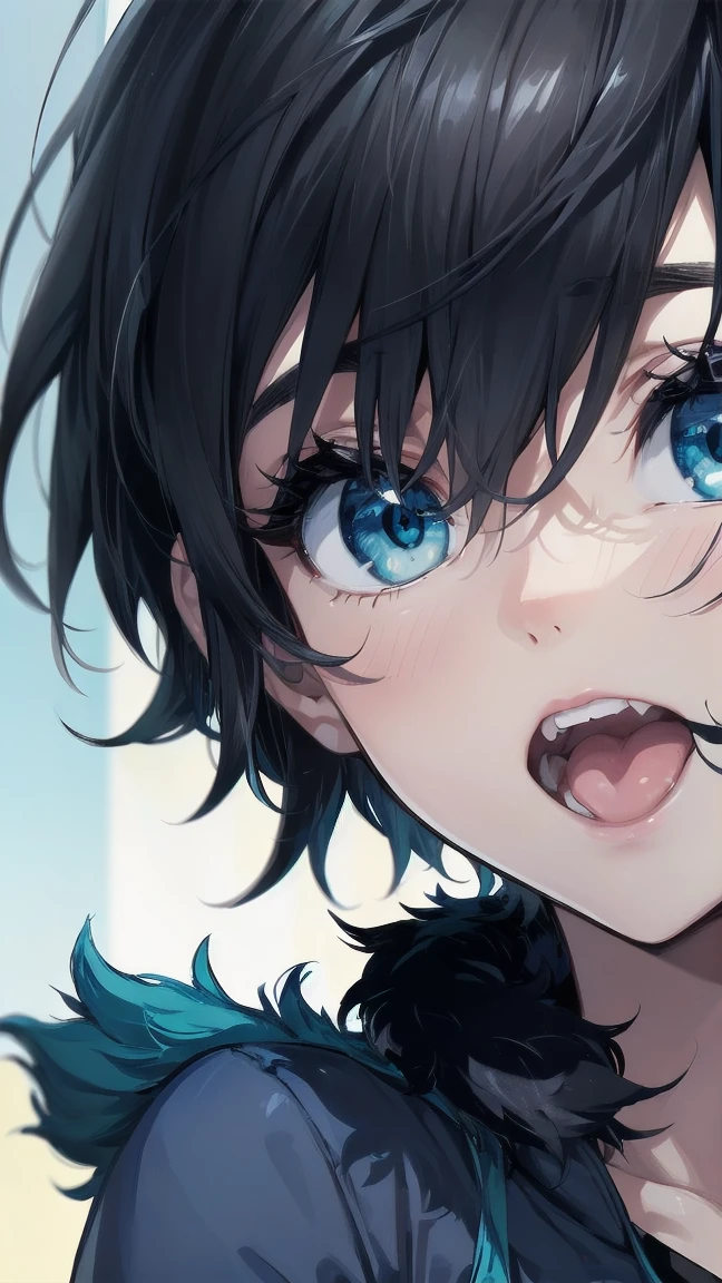 Close-up of a cartoon girl with blue hair and a yellow shirt, 2D Animation, 2D Animation style, 2D Art, 2D Art, 2D from Gorillaz, 2D from Gorillaz, 2D Gorillaz, Screaming Cerket, 2D Sprites, Jinx Face, short hair, Small breasts, hot pants, ((Black Hair, Bright blue fur inside:1.4))