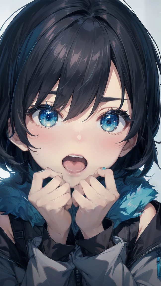 Close-up of a cartoon girl with blue hair and a yellow shirt, 2D Animation, 2D Animation style, 2D Art, 2D Art, 2D from Gorillaz, 2D from Gorillaz, 2D Gorillaz, Screaming Cerket, 2D Sprites, Jinx Face, short hair, Small breasts, hot pants, ((Black Hair, Bright blue fur inside:1.4))