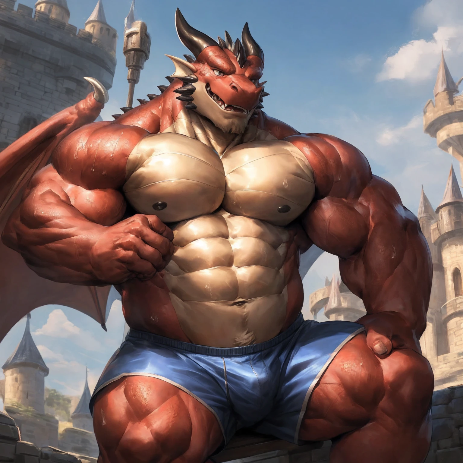 human nature, cannon, male, solitary, ((the strong，Handsome)), ((dragon) fur), Chibo，Six-pack abs，(Western castle background)，cloudy day，Blue shorts，Sweat:1.3,White Socks，high quality, (4K,high quality, high resolution, masterpiece), Front view (close up), cartoon,by lindong