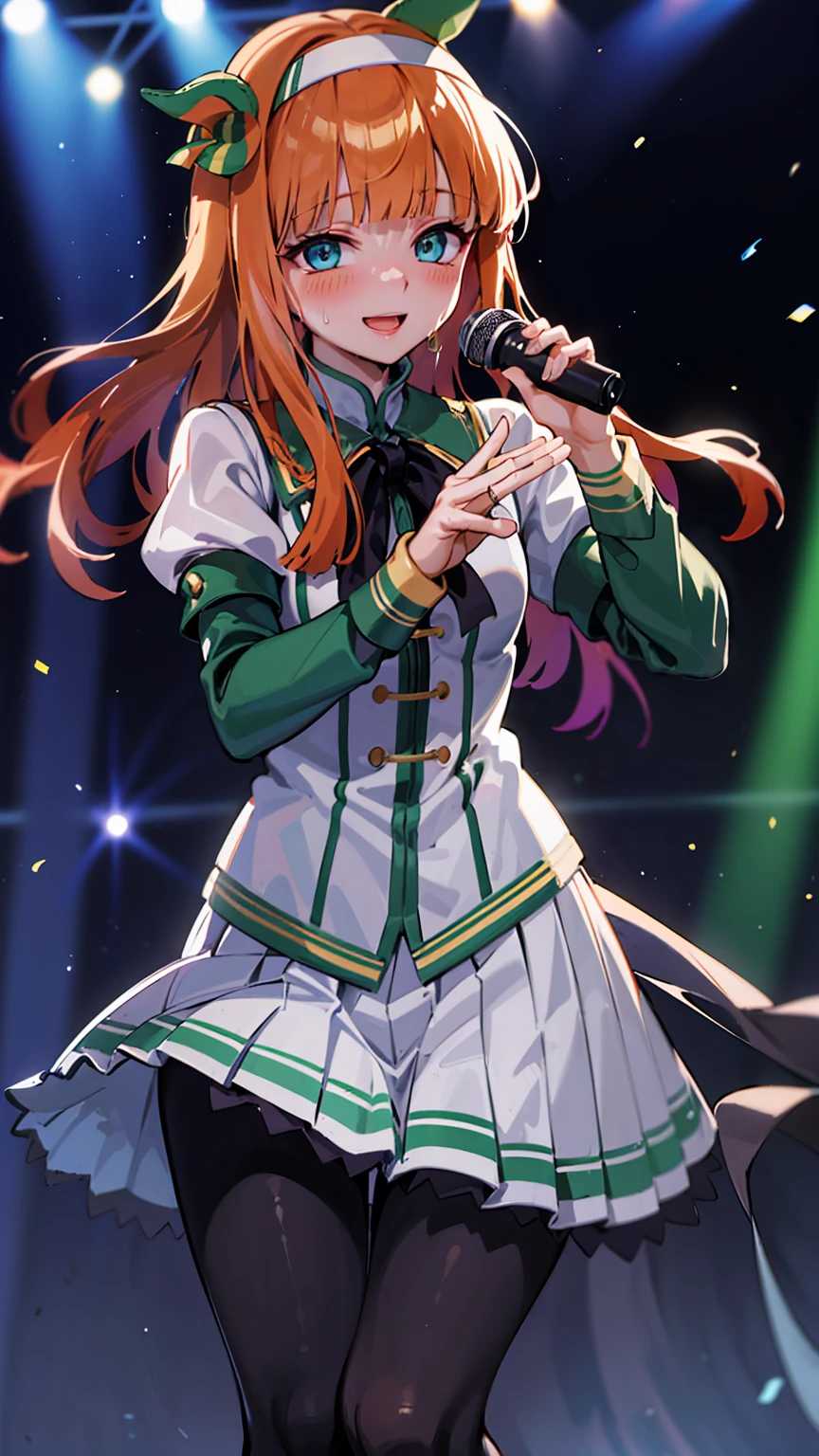 Holding a microphone in one hand、Big Jump、singing、A big smile、shout、intense dance、dance、足を上げてdance、Best image quality、High resolution、masterpiece、super high quality、Live Performance Venues、Large crowd、Many penlights、Sweaty、Very short pleated skirt、Heavy breathing、Blushing、4K quality、Black Pantyhose、Voluptuous thighs