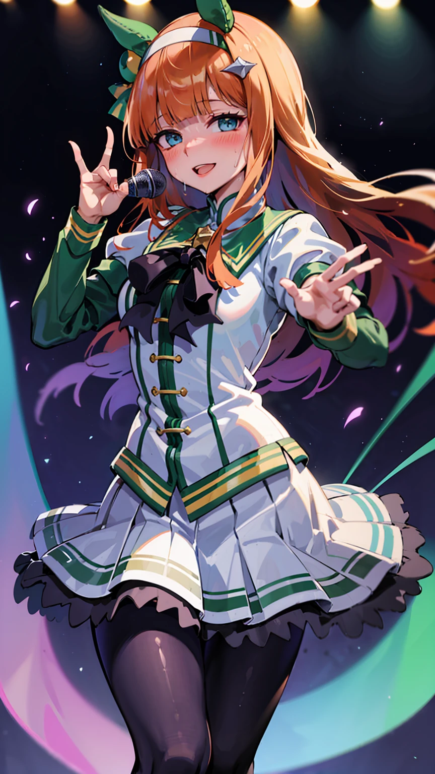 Holding a microphone in one hand、Big Jump、singing、A big smile、shout、intense dance、dance、足を上げてdance、Best image quality、High resolution、masterpiece、super high quality、Live Performance Venues、Large crowd、Many penlights、Sweaty、Very short pleated skirt、Heavy breathing、Blushing、4K quality、Black Pantyhose、Voluptuous thighs