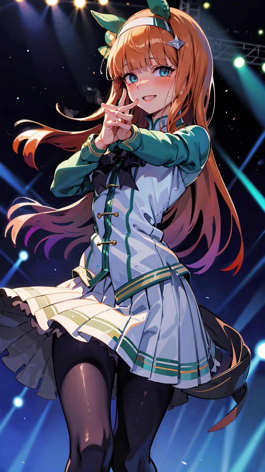 Holding a microphone in one hand、Big Jump、singing、A big smile、shout、intense dance、dance、足を上げてdance、Best image quality、High resolution、masterpiece、super high quality、Live Performance Venues、Large crowd、Many penlights、Sweaty、Very short pleated skirt、Heavy breathing、Blushing、4K quality、Black Pantyhose、Voluptuous thighs