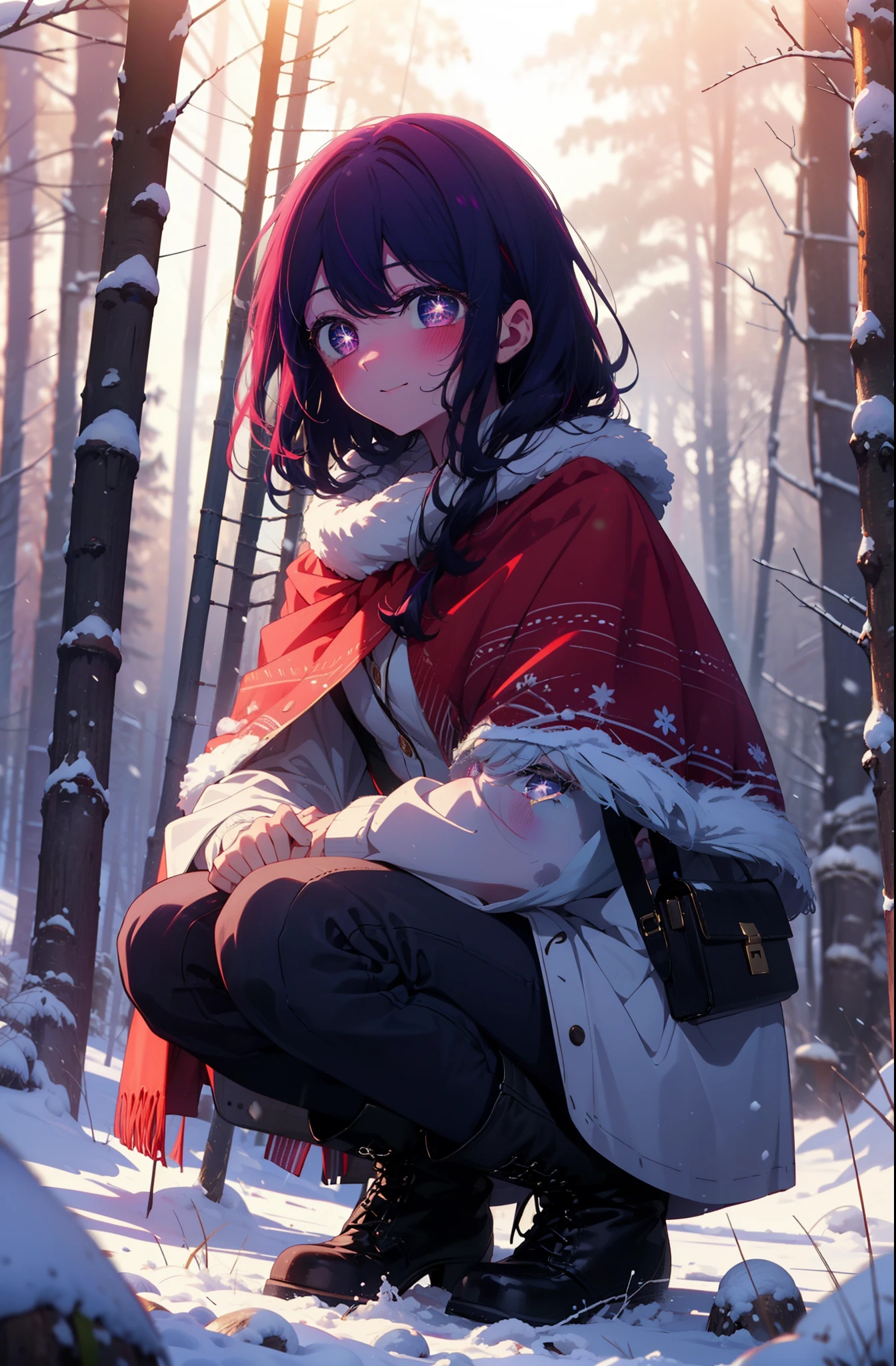 aihoshino, Ai Hoshino, Long Hair, bangs, (Purple eyes:1.1), Purple Hair, (Symbol-shaped pupil:1.5), smile,,smile,blush,White Breath,
Open your mouth,snow,Ground bonfire, Outdoor, boots, snowing, From the side, wood, suitcase, Cape, Blurred, , forest, White handbag, nature, Squat, Mouth closed, Cape, winter, Written boundary depth, Black shoes, red Cape break looking at viewer, Upper Body, whole body, break Outdoor, forest, nature, break (masterpiece:1.2), Highest quality, High resolution, unity 8k wallpaper, (shape:0.8), (Beautiful and beautiful eyes:1.6), Highly detailed face, Perfect lighting, Extremely detailed CG, (Perfect hands, Perfect Anatomy),