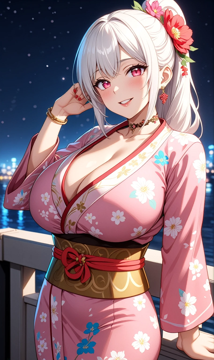 ((One personの女性)), Beautiful Face, head tilt, ((seductive smile)), ((Wink 1.9)), Laugh with your mouth wide open,((Bright red cheeks:1.4)),shining pink lips,night,rooftop,You can see the ocean, firework,Laughing with your mouth open,Glossy pink lips,Facial lighting,((Anime style background)),masterpiece, Highest quality, so beautiful,up to date, Complex details, (Pink long nails),(4fingers and 1thumbs), (ring),(bracelet),(Floral choker),AI-generated, Complex,High resolution, Highest quality, super high quality,3D Images、3D Images,One person,Long blonde hair,High Ponytail,(Turquoise Eyes),Anime woman posing for a photo, ((Fine grain、Colorful eyes、Shining Eyes:1.3)),(Squint your eyes:1.1),a hyperRealistic , hyperRealistic , Realistic,Anime woman with long white hair, Smooth anime CG art, A woman in a colorful kimono with gold embroidery, (Pink long sleeve kimono),Red floral pattern,Long flower hair ornament,Earrings,Mature Body,(Big Breasts:1.1),expensive,Abdominal muscles,Tight waist,(Zoom up to face:1.7),Shooting from an angle