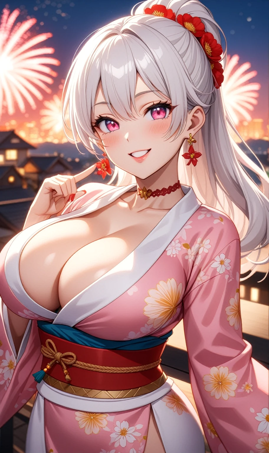 ((One personの女性)), Beautiful Face, head tilt, ((seductive smile)), ((Wink 1.9)), Laugh with your mouth wide open,((Bright red cheeks:1.4)),shining pink lips,night,rooftop,You can see the ocean, firework,Laughing with your mouth open,Glossy pink lips,Facial lighting,((Anime style background)),masterpiece, Highest quality, so beautiful,up to date, Complex details, (Pink long nails),(4fingers and 1thumbs), (ring),(bracelet),(Floral choker),AI-generated, Complex,High resolution, Highest quality, super high quality,3D Images、3D Images,One person,Long blonde hair,High Ponytail,(Turquoise Eyes),Anime woman posing for a photo, ((Fine grain、Colorful eyes、Shining Eyes:1.3)),(Squint your eyes:1.1),a hyperRealistic , hyperRealistic , Realistic,Anime woman with long white hair, Smooth anime CG art, A woman in a colorful kimono with gold embroidery, (Pink long sleeve kimono),Red floral pattern,Long flower hair ornament,Earrings,Mature Body,(Big Breasts:1.1),expensive,Abdominal muscles,Tight waist,(Zoom up to face:1.7),Shooting from an angle