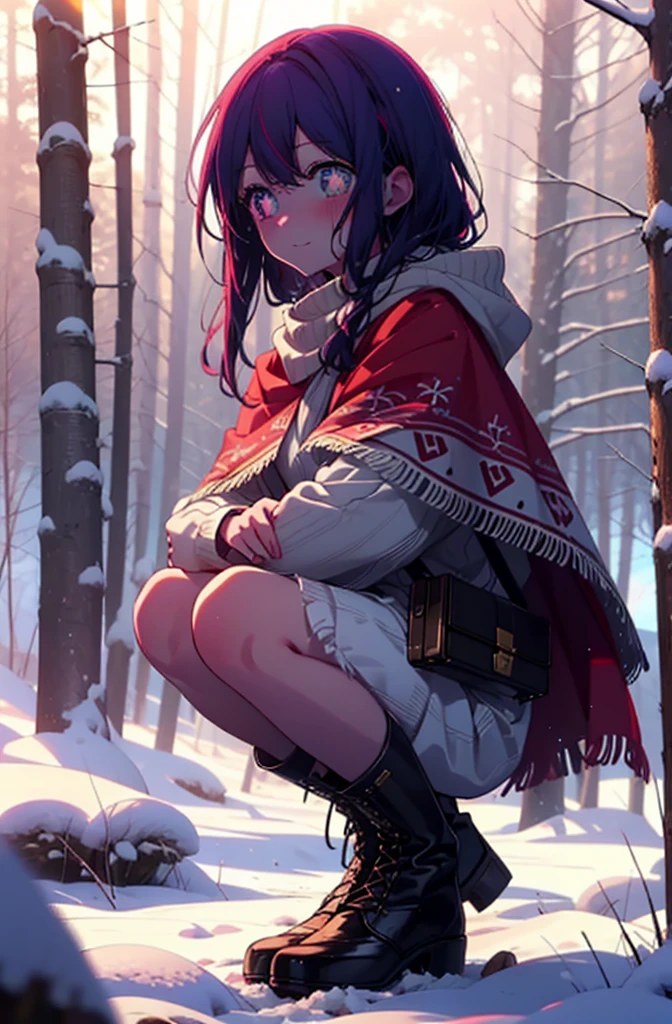 aihoshino, Ai Hoshino, Long Hair, bangs, (Purple eyes:1.1), Purple Hair, (Symbol-shaped pupil:1.5), smile,,smile,blush,White Breath,
Open your mouth,snow,Ground bonfire, Outdoor, boots, snowing, From the side, wood, suitcase, Cape, Blurred, , forest, White handbag, nature, Squat, Mouth closed, Cape, winter, Written boundary depth, Black shoes, red Cape break looking at viewer, Upper Body, whole body, break Outdoor, forest, nature, break (masterpiece:1.2), Highest quality, High resolution, unity 8k wallpaper, (shape:0.8), (Beautiful and beautiful eyes:1.6), Highly detailed face, Perfect lighting, Extremely detailed CG, (Perfect hands, Perfect Anatomy),