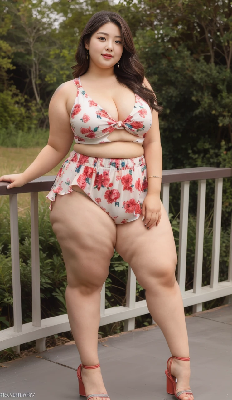 ((best quality)), ((masterpiece)), (detailed), perfect face, araffeTight skirtsShort , thicc, wavy short hair, she has a jiggly fat round belly, bbwchan, wearing tight simple clothes, skinny waist and thick hips, widest hips, her belly is fat and round, soft curvy shape, hyperrealistic full figure, wearing a cute top, wide hips, Blue swimsuit,On the beach by the seaBlue